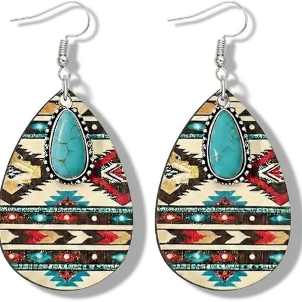 Boho‎ Western Teardrop Wood Earrings for Women Boho Pattern Drop Dangle Fashion